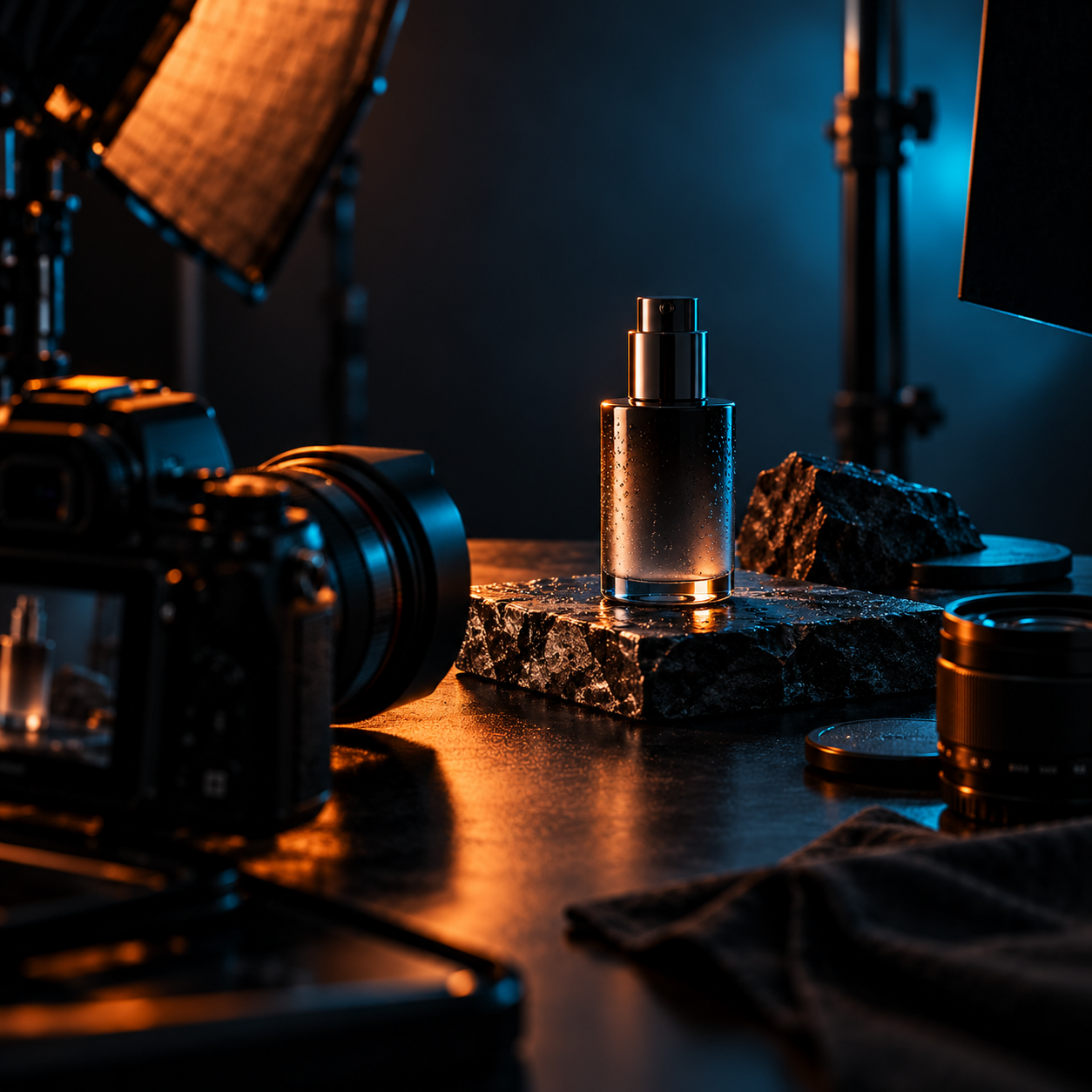 Product photography concept with dark studio lighting