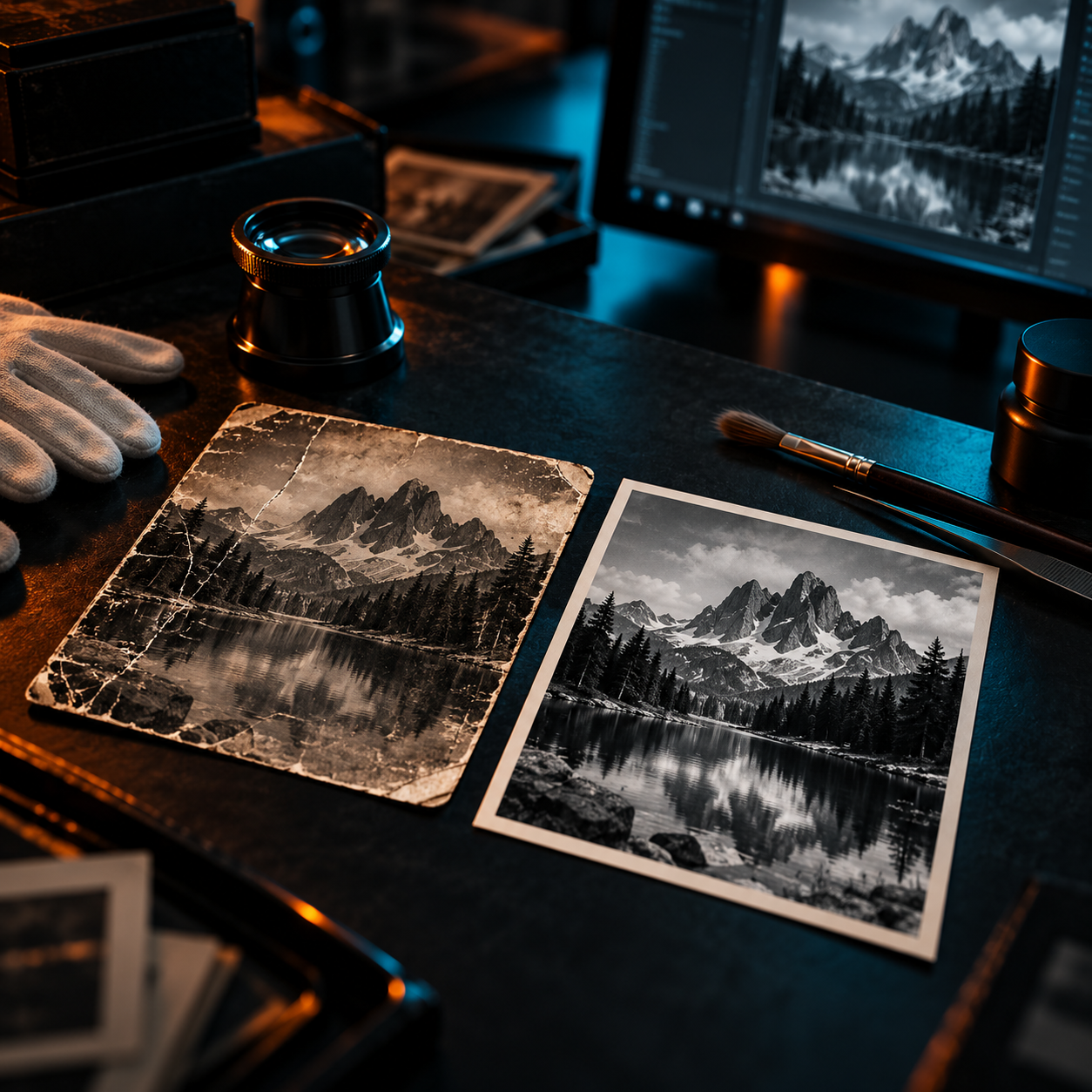 Photo restoration workspace with damaged and restored photograph